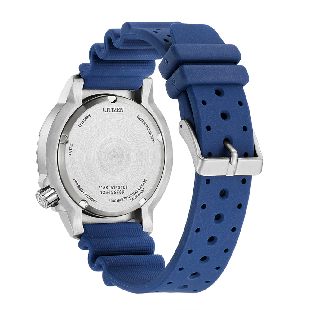 Dos de montre Citizen avec bracelet bleu, Eco-Drive, Diver's Watch 200M, résistant au magnétisme