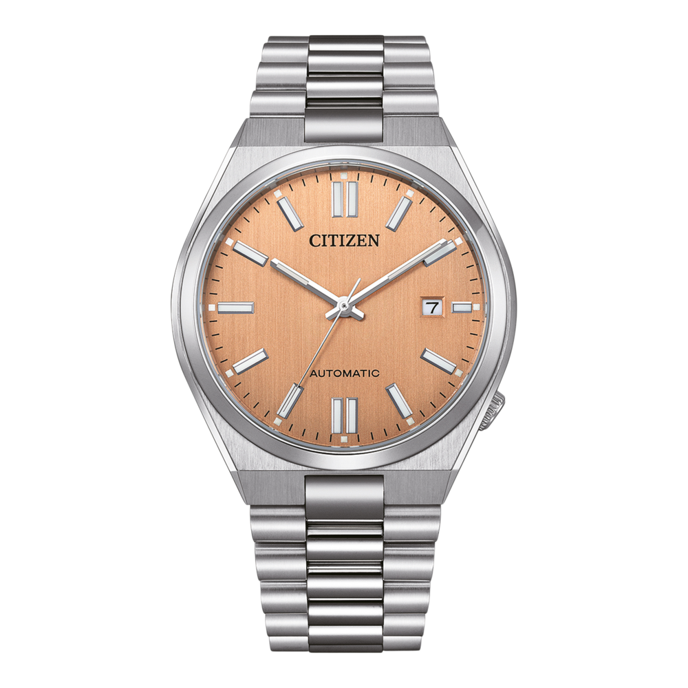 Montre Citizen avec cadran saumon et bracelet en acier inoxydable.