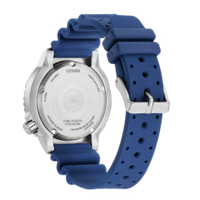 Dos de montre Citizen avec bracelet bleu, Eco-Drive, Diver's Watch 200M, résistant au magnétisme