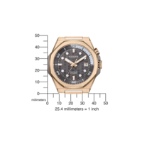 Montre Citizen avec boîtier doré, cadran noir et échelle en millimètres pour comparaison de taille.