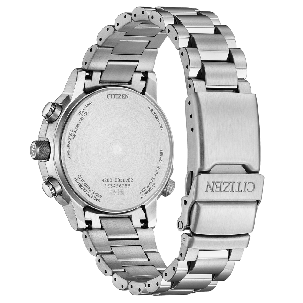 Dos de montre Citizen, acier inoxydable, Eco-Drive, verre saphir, radio-contrôlée, 20 bar