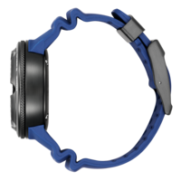 Vue latérale d'une montre noire avec un bracelet bleu.