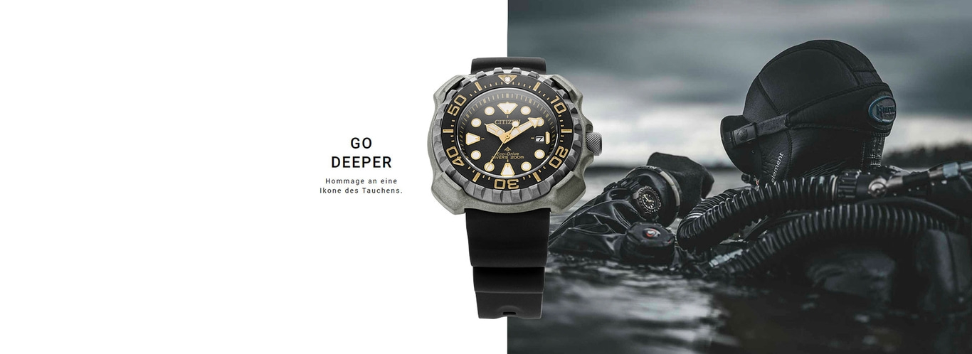 Montre Citizen avec plongeur dans l'eau. Allez plus profond. Hommage à une icône de la plongée.