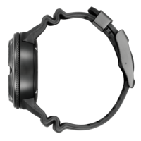 Montre noire avec bracelet ondulé, vue latérale, isolée sur fond blanc.