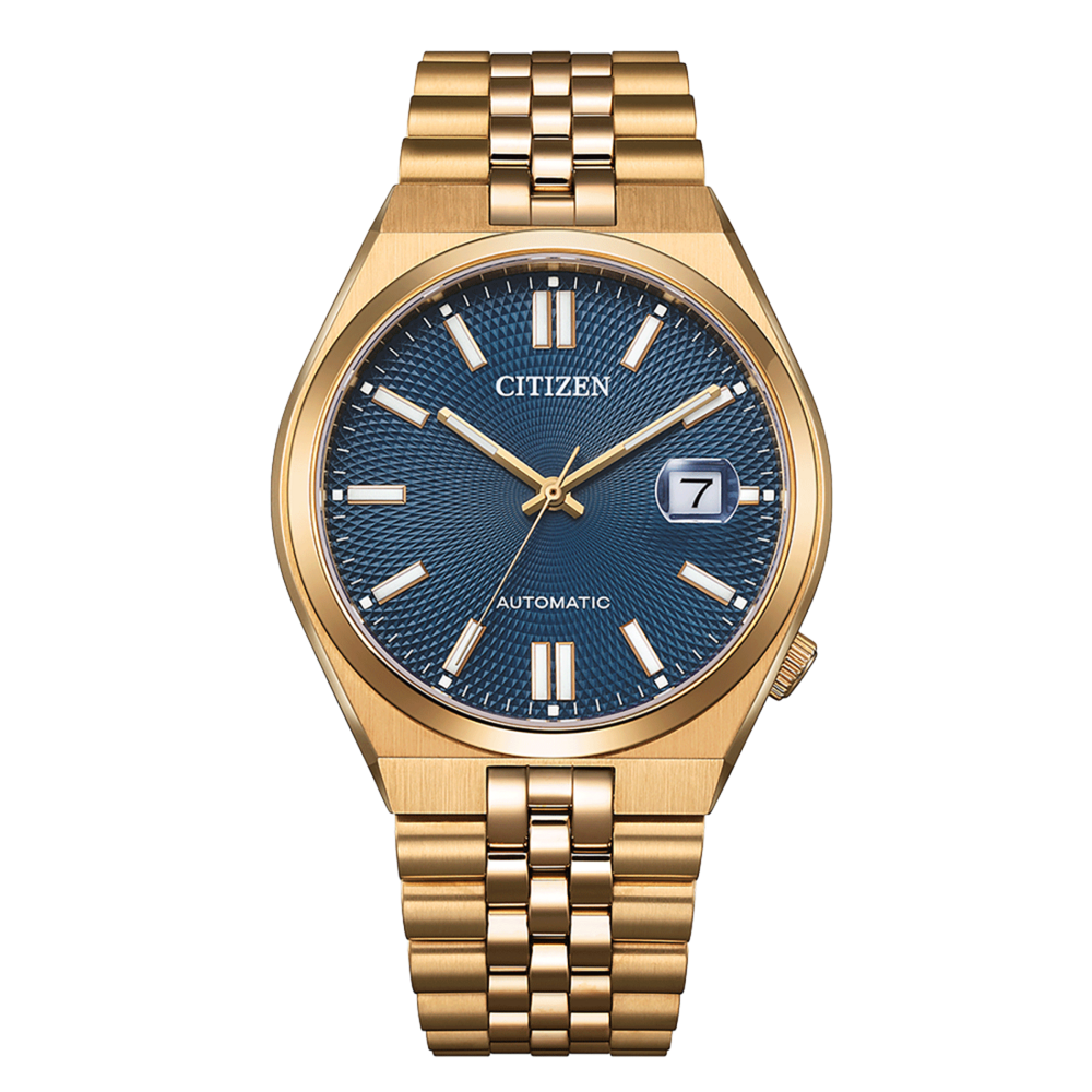 Montre Citizen dorée avec cadran bleu et affichage de la date, mouvement automatique.