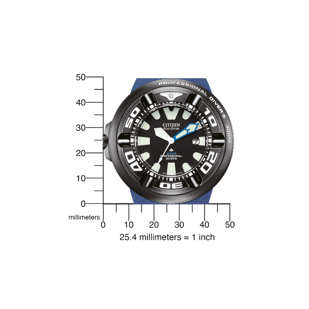 Montre Citizen avec cadran noir, bracelet bleu et détails de plongeur professionnel.