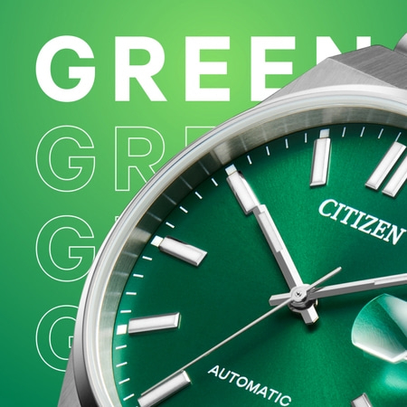 Montre Citizen verte avec texte blanc sur fond vert.