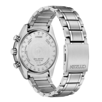 Dos de la montre Citizen avec indications de fuseaux horaires et détails du modèle.