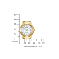 Montre Citizen dorée avec cadran blanc, mesurant en millimètres avec une règle.