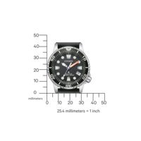 Montre Citizen avec cadran noir, aiguille orange et échelle de mesure.