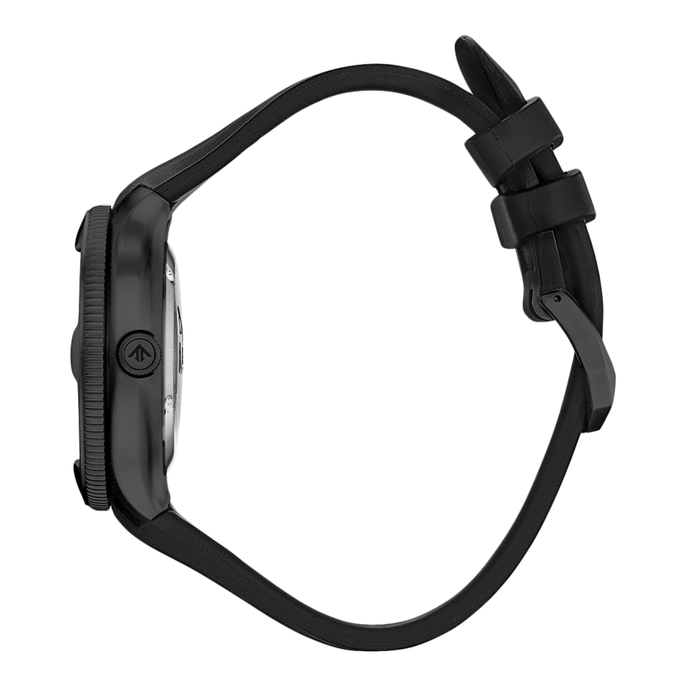 Montre noire avec bracelet noir, vue latérale, isolée sur fond blanc