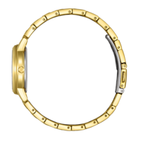 Montre dorée, vue latérale, avec un bracelet doré et un fermoir argenté.