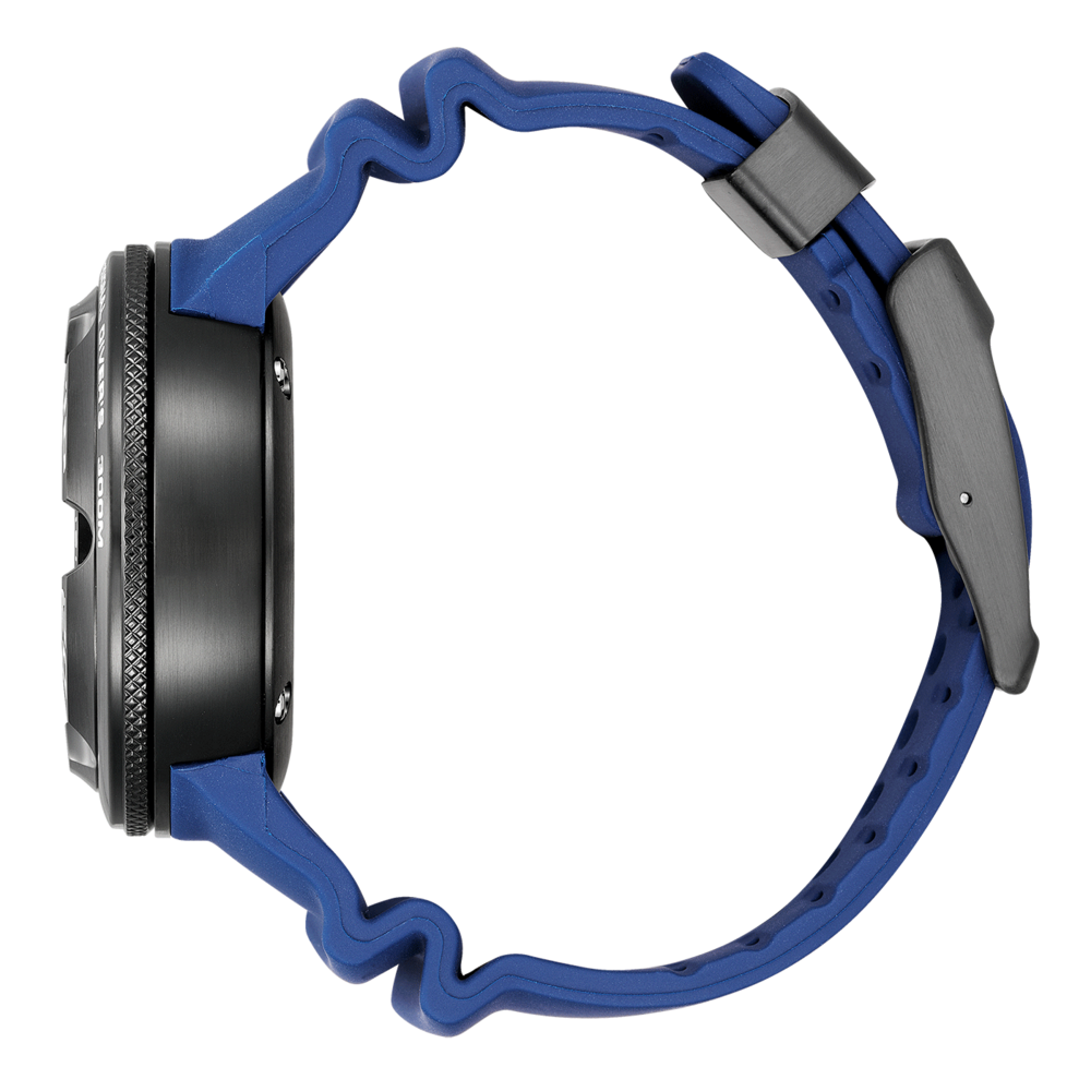 Vue latérale d'une montre noire avec un bracelet bleu.