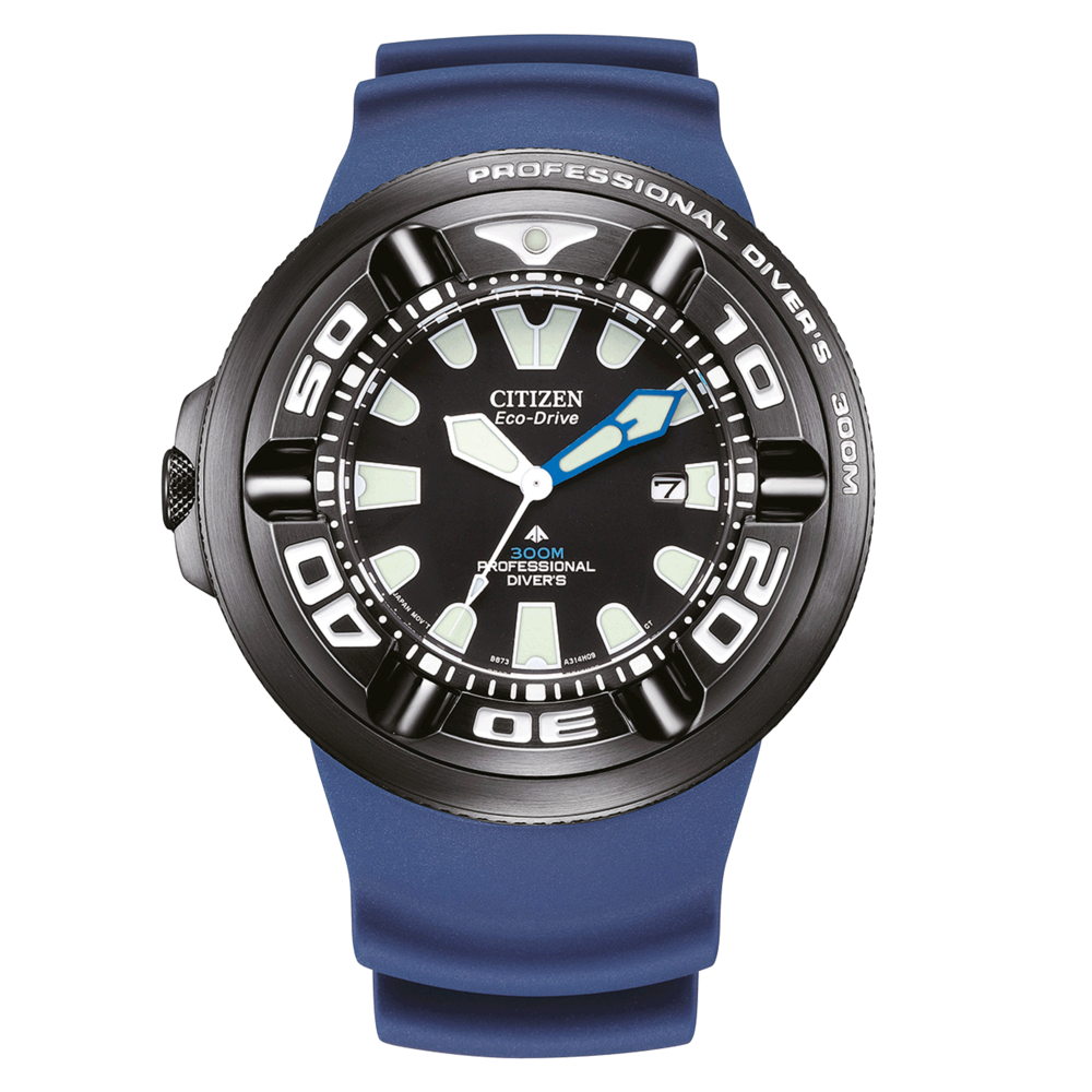 Montre Citizen Eco-Drive avec cadran noir et bracelet bleu, montre de plongée professionnelle.