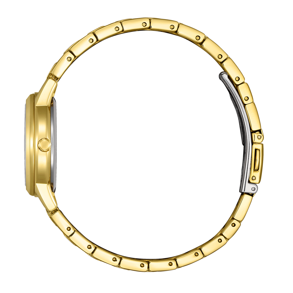 Montre dorée, vue latérale, avec un bracelet doré et un fermoir argenté.