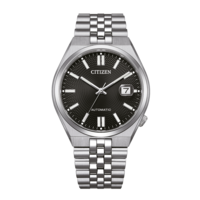 Montre automatique Citizen avec cadran noir et bracelet argenté.