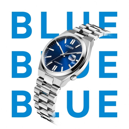 Montre Citizen avec cadran bleu et bracelet argenté, le mot BLEU est écrit.