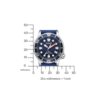 Montre Citizen avec cadran et bracelet bleus, échelle de mesure en millimètres.