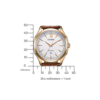 Montre Citizen Eco-Drive avec cadran blanc et bracelet en cuir marron, boîtier doré.