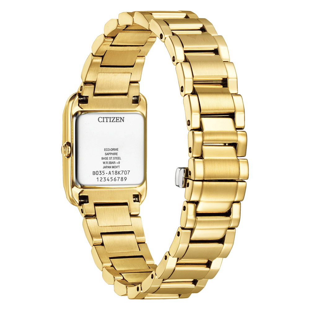 Montre Citizen dorée avec un cadran rectangulaire et un bracelet en métal.