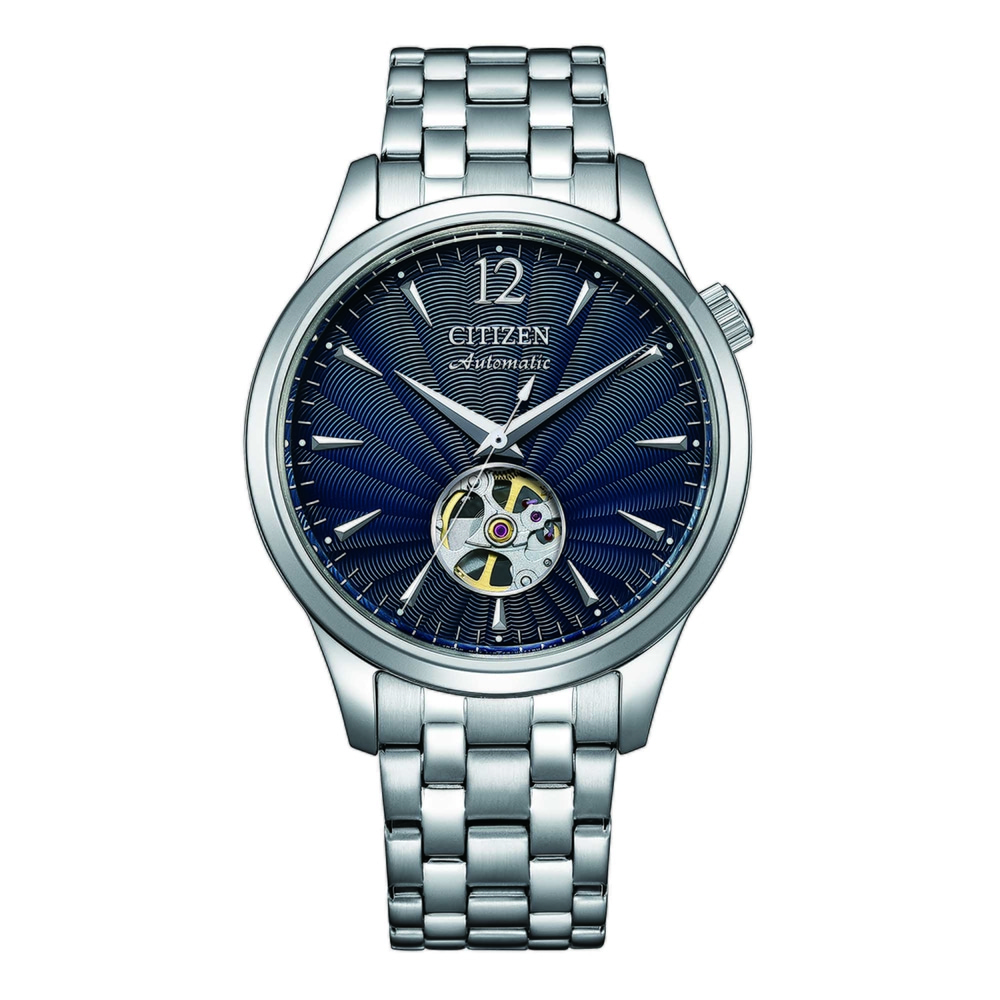 Montre automatique Citizen avec cadran bleu et bracelet argenté.