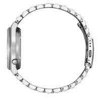 Vue latérale d'une montre-bracelet argentée avec bracelet et fermoir en métal.