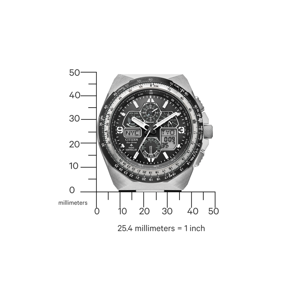 Montre Citizen avec cadran noir, lunette argentée et affichage numérique de l'heure et de la date.