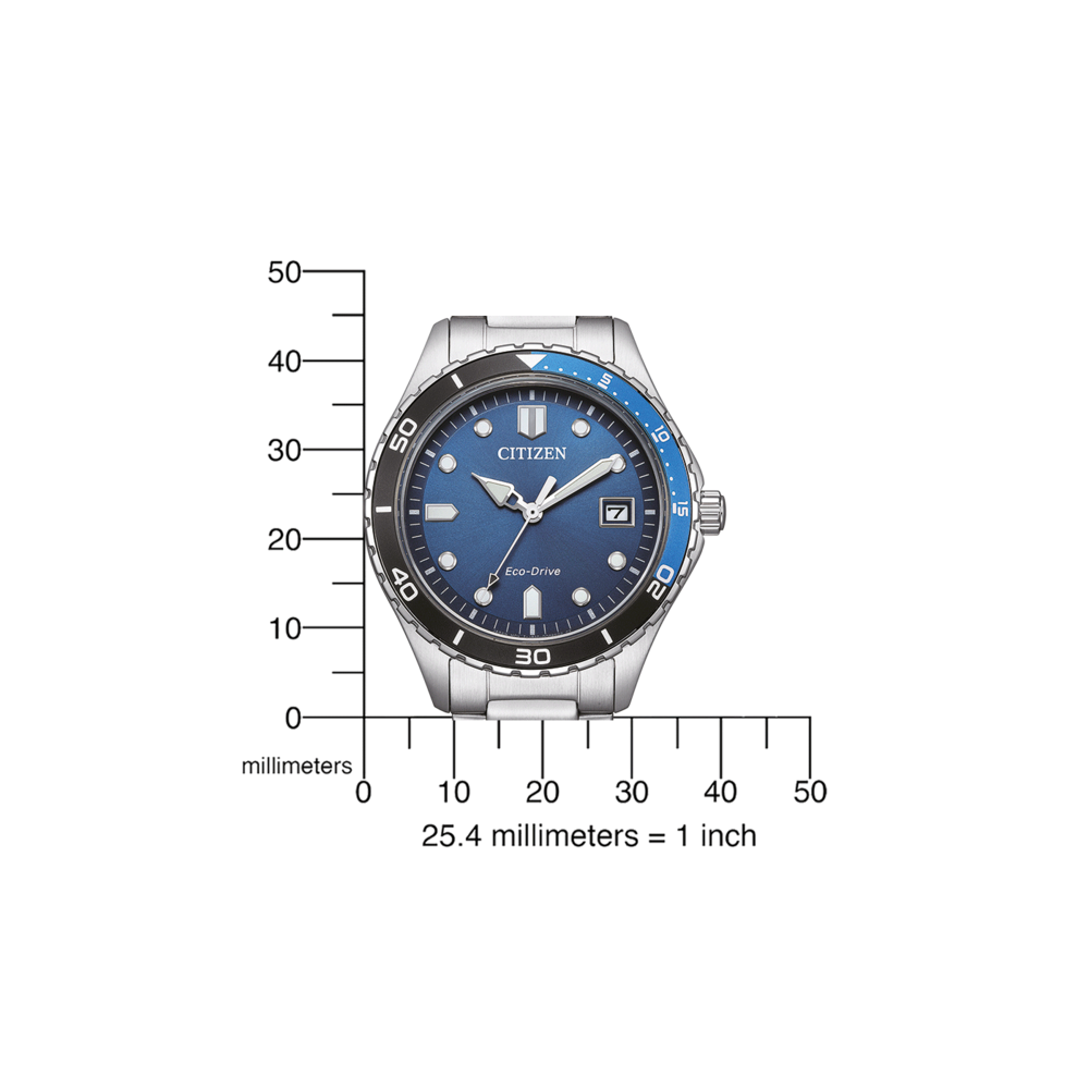 Montre Citizen avec cadran bleu, lunette noire et bleue, bracelet argenté. Eco-Drive.