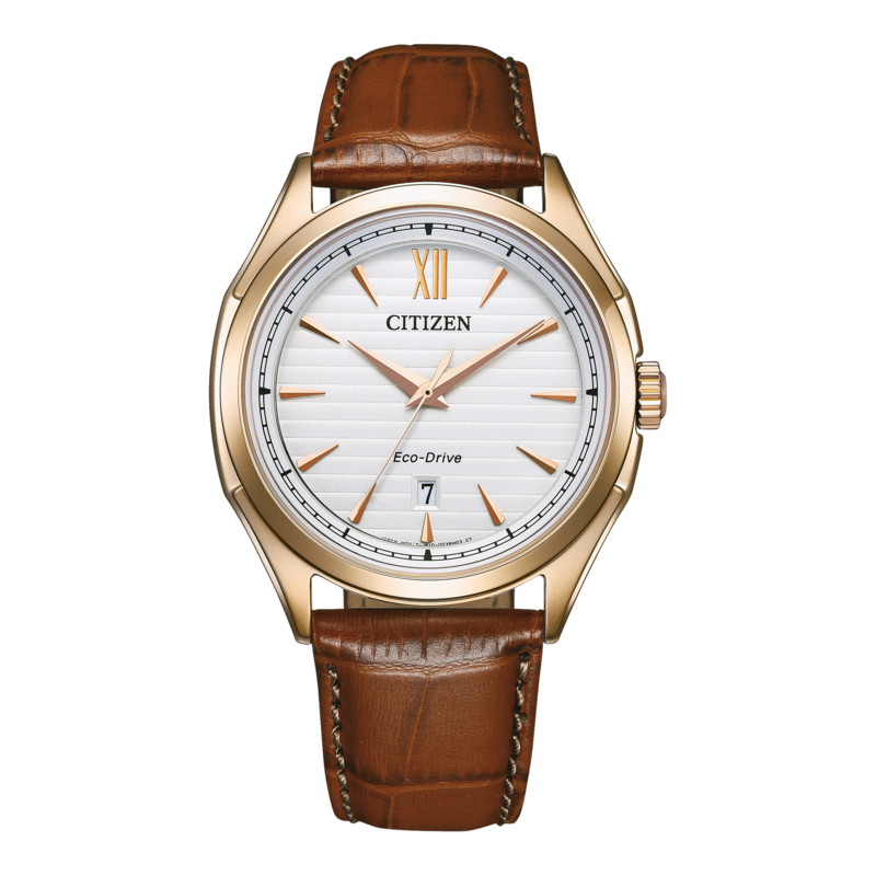 Montre Citizen dorée avec cadran blanc et bracelet en cuir marron.