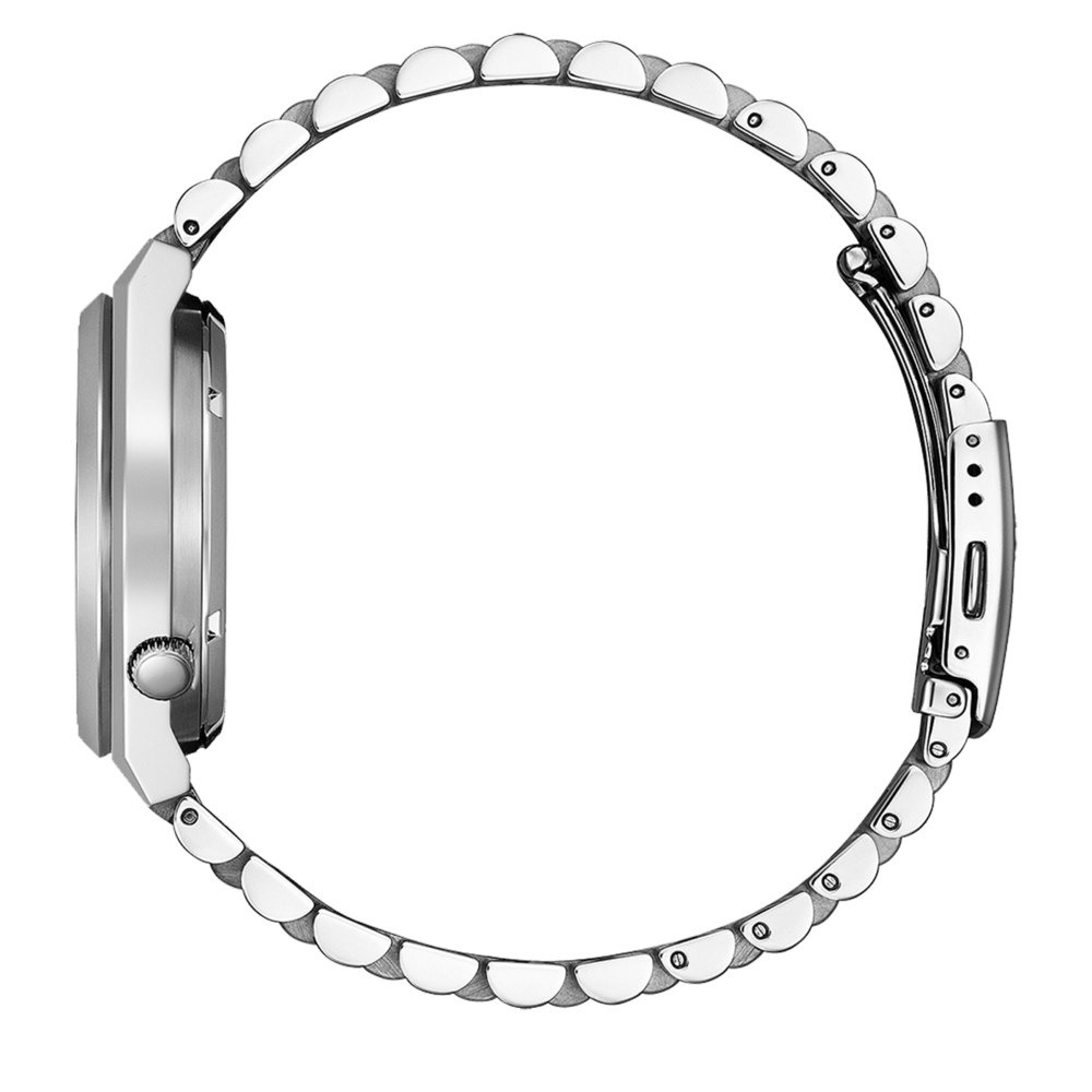 Vue latérale d'une montre-bracelet argentée avec bracelet et fermoir en métal.