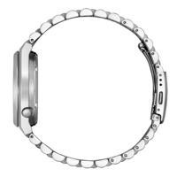 Vue latérale d'une montre-bracelet argentée avec bracelet en métal, design élégant.
