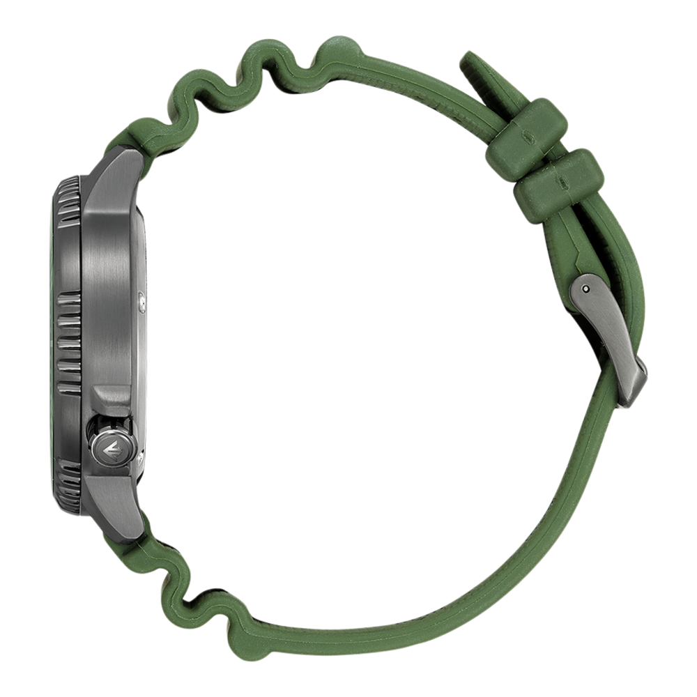 Vue latérale d'une montre verte avec un design de bracelet ondulé unique.
