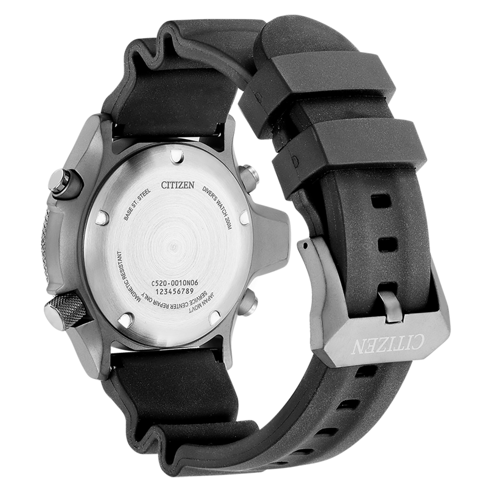 Dos de montre Citizen, acier, bracelet noir, montre de plongée, résistant magnétique, Japan Movt.