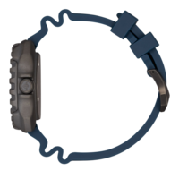 Vue latérale d'une montre gris foncé avec un bracelet bleu.