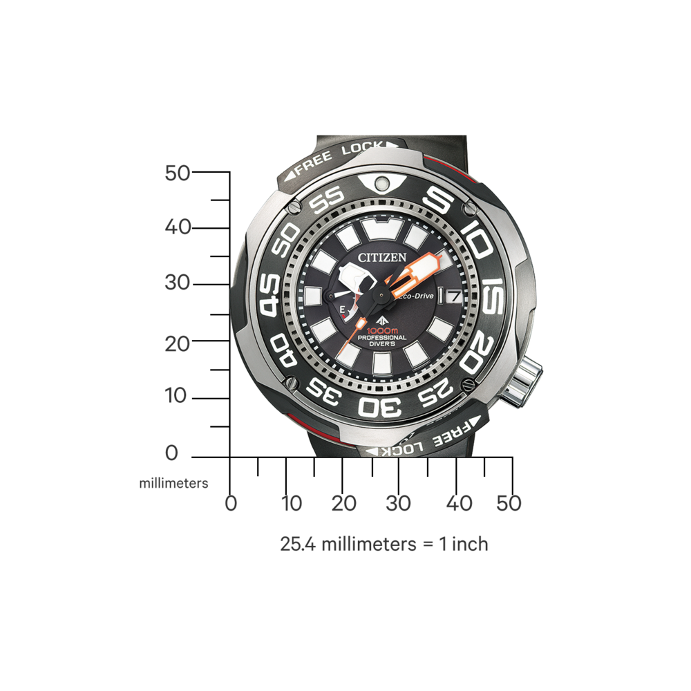 Montre Citizen avec design noir et argent, échelle de mesure et texte 'FREE LOCK'.