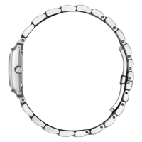 Vue latérale d'une montre-bracelet argentée avec bracelet en métal, design élégant.