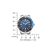 Montre Citizen avec cadran bleu, lunette noire et bleue, bracelet argenté. Eco-Drive.