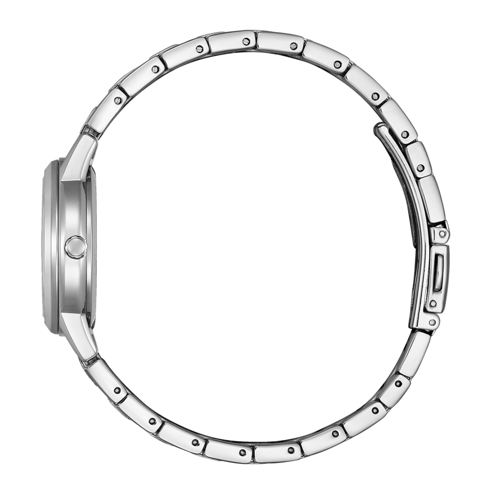 Vue latérale d'une montre-bracelet argentée avec bracelet et fermoir en métal.