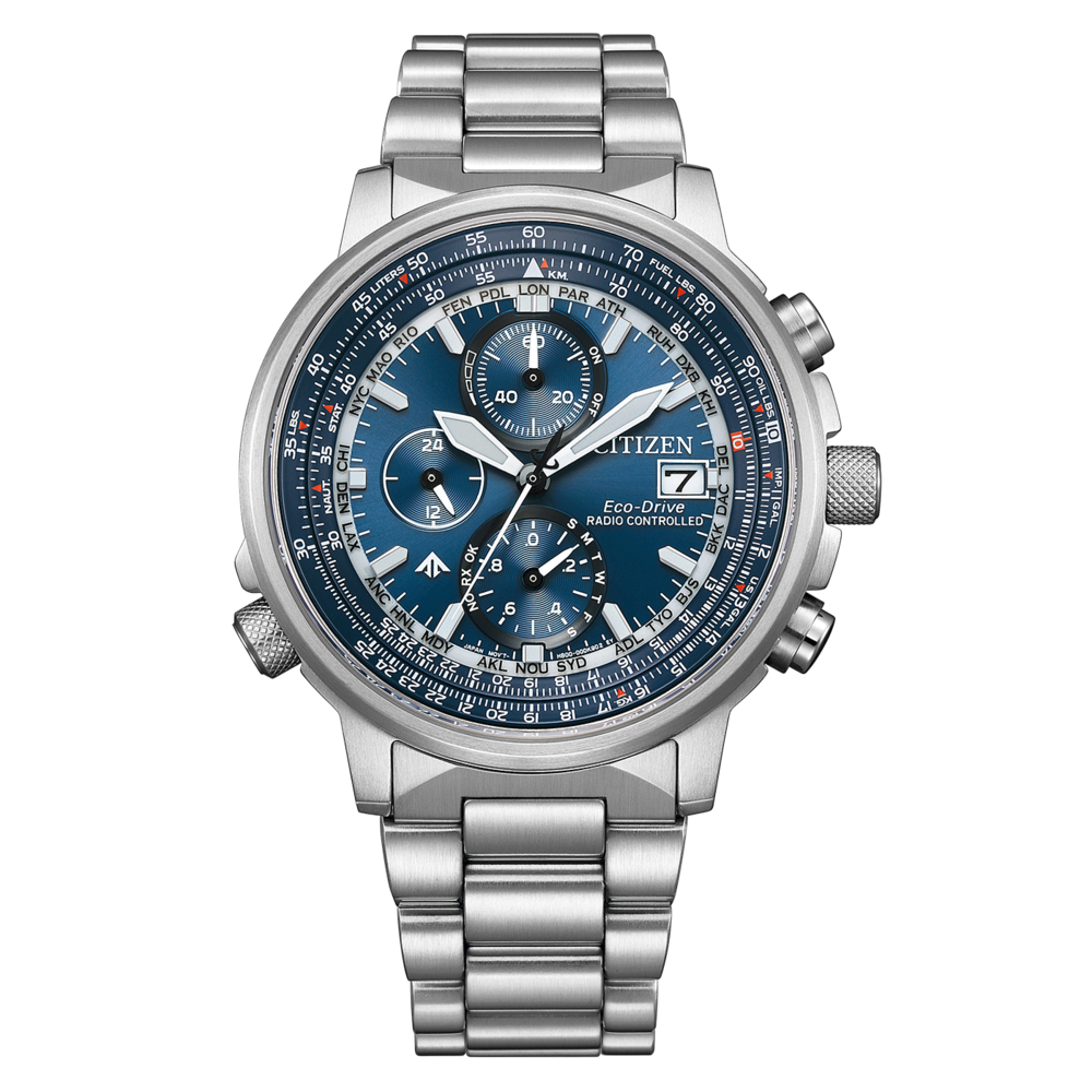 Montre Citizen avec cadran bleu, bracelet argenté et multiples cadrans pour le chronométrage et les fonctions.
